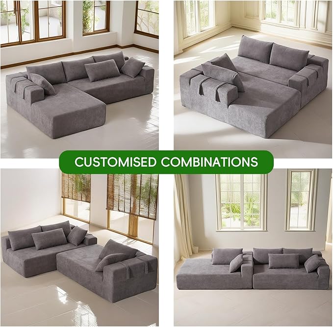 108" Modular Sectional Couch Sofa with L-Shape Chaise, Modern Cloud Comfy Sofa with Deep Seat, Upholstered Couches for Living Room Bedroom, No Assembly Required (Grey Right Facing Chaise)