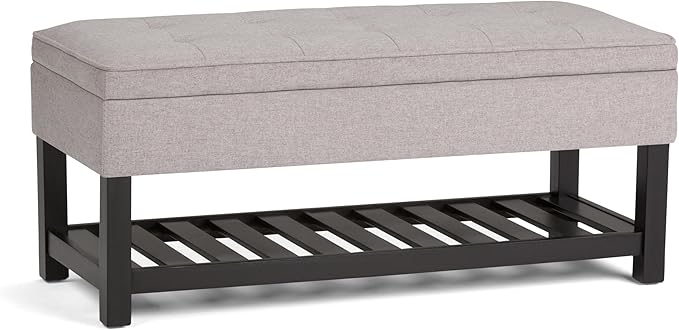 SIMPLIHOME Cosmopolitan Storage Ottoman Bench - 44 inch Wide Upholstered Linen Look Fabric Rectangle Storage Ottoman in Cloud Grey, Transitional Bench for Bedroom with Tufted Lift-Top and Open Shelf