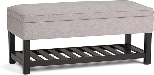 SIMPLIHOME Cosmopolitan Storage Ottoman Bench - 44 inch Wide Upholstered Linen Look Fabric Rectangle Storage Ottoman in Cloud Grey, Transitional Bench for Bedroom with Tufted Lift-Top and Open Shelf