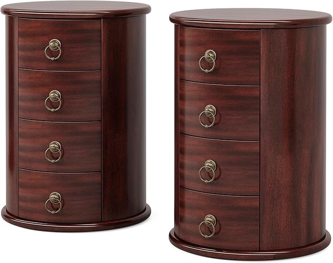 Tribesigns Solid Wood End Table, Round Side Table with 4 Drawers, Vintage Bedside Table Nightstand for Small Spaces, Living Room, Bedroom, No Assembly Required (2, Cherry Brown)