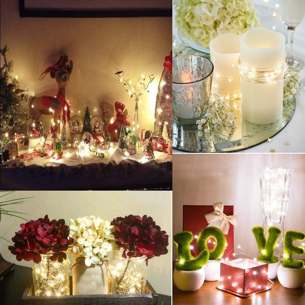 2 x Fairy Lights Battery Operated,Silver Wire Chains 8 Mode 16Ft/5Meter 50 LEDs Timer String Lights with Remote Control for Bedroom Christmas Party Wedding Decoration(Warm White)