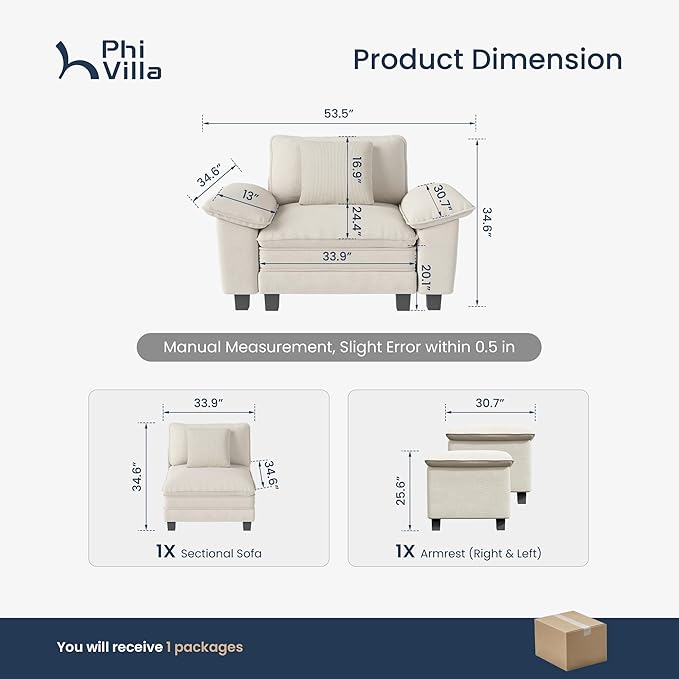 PHI VILLA Oversized Single Sofa Chair with Deep Seat, Cloud Upholstered Reading Armchair, 1 Seater Comfy Sofa Chair for Bedroom Nook, Chenille, Beige