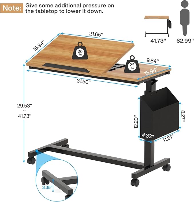 Tribesigns C-Shaped End Table, Small Adjustable Height Rolling Side Table with Wheels and Storage Bag, Portable Mobile Tiltable Laptop Desks for Couch, Living Room, Bedroom, Walnut
