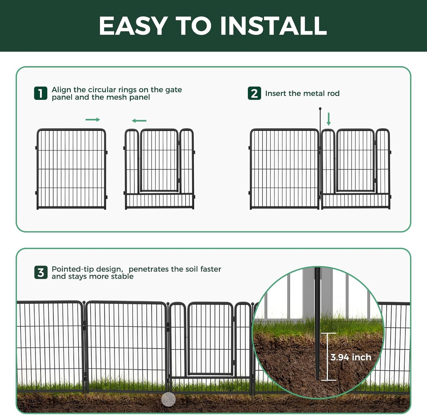 FXW Garden Fence Outdoor for The Yard – 24in(H) x 29.6ft(L) Heavy Duty Metal Animal Barrier for Dog and Rabbit, Decorative Dog Fence, 16 Panels, Black