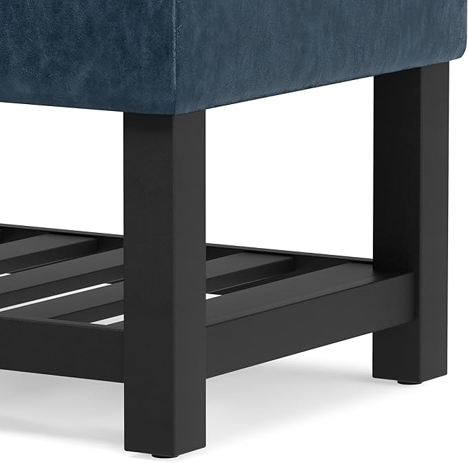 SIMPLIHOME Cosmopolitan Storage Ottoman Bench - 44 inch Wide Upholstered Vegan Leather Rectangle Storage Ottoman in Denim Blue, Transitional Bench for Bedroom with Tufted Lift-Top and Open Shelf