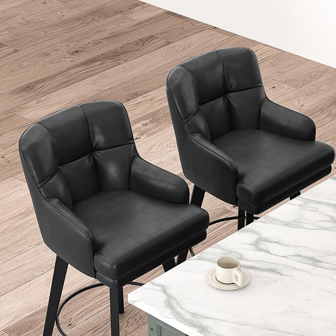 360°Swivel Counter Height Bar Stools with Back, 30 inch Solid Wood Legs, Bar Stool Modern Kitchen Island Chairs, Faux Leather (Black- Faux Leather, 30" H- Set of 4)