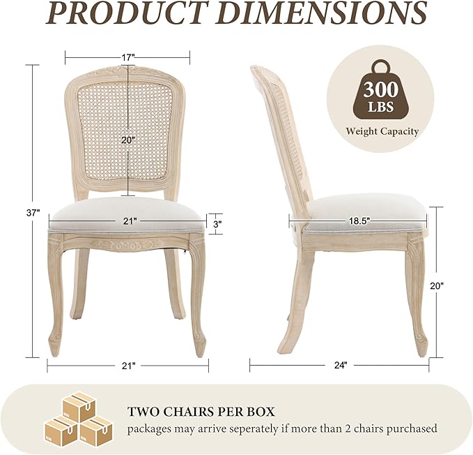 Wicker Dining Chairs Set of 6, Upholstered Linen Fabric Dining Room Chairs with Square High Rattan Back Farmhouse French Kitchen Chairs for Dining Table/Living Room/Restaurant, White