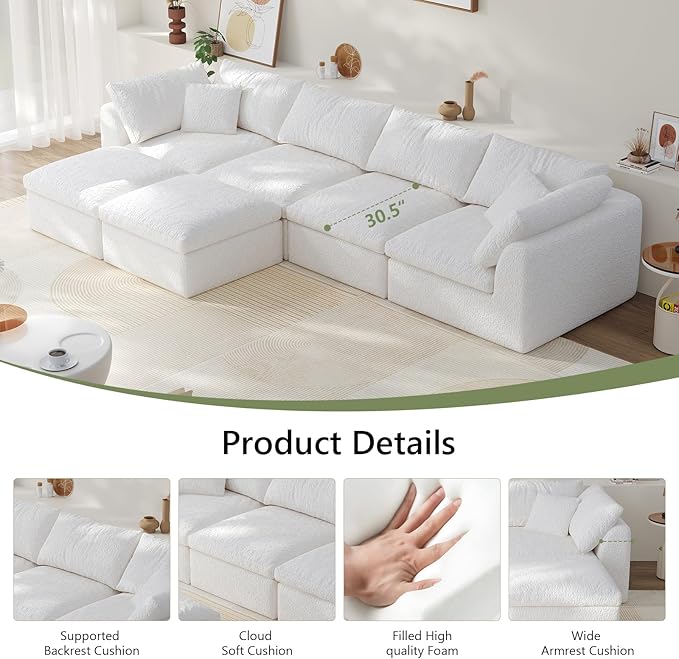 138" Boneless Cloud Couch Modular Sectional Sofa with Deep Seat for Living Room, L Shape Couch with Ottoman, Snowflake Cloth and 40D Memory Sponge，2 Throw Pillows (White, 4 Seater+2 Ottoman)