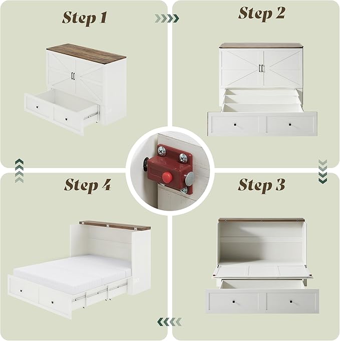 Full Murphy Bed with 6" Tri-Fold Memory Foam Mattress, Storage Drawer & Charging Station, Space-Saving Design for Home Office or Guest Room, White