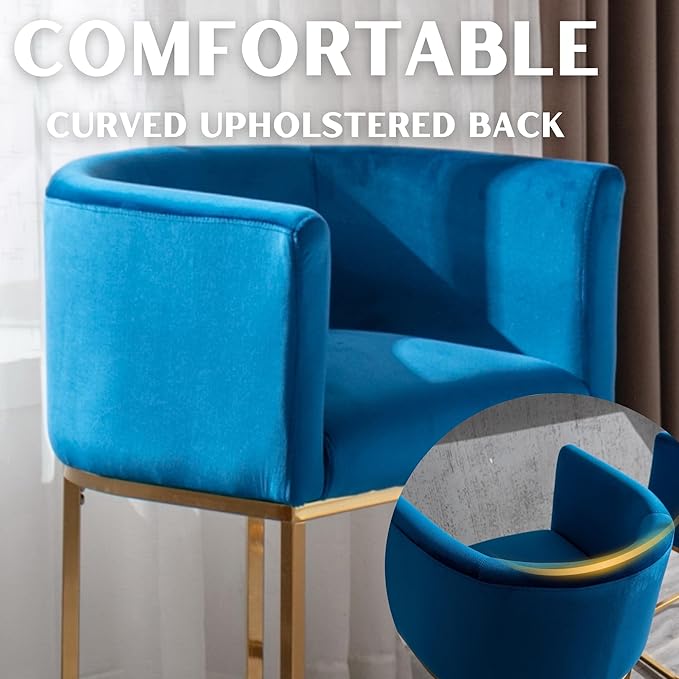 Contemporary Blue Velvet Bar Stools Set of 3, 24" Upholstered Fabric Counter Height Barstools Kitchen Counter Island Stools with Golden Metal Base
