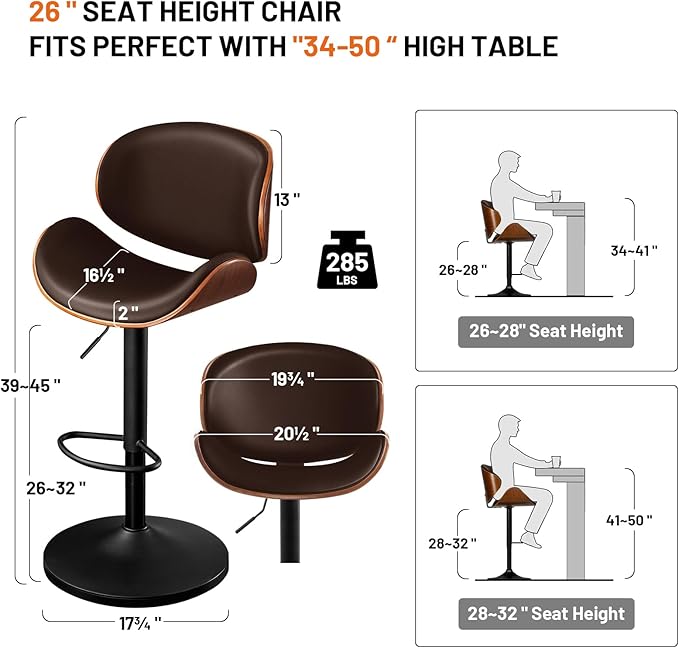 Furniliving Bar Stools Set of 4, Adjustable Height Swivel Bentwood Barstools, Upholstered Bar Chairs with Footrest, Ergonomic Modern Bar Stools for Dining Room, Kitchen, Bar, Brown, PU
