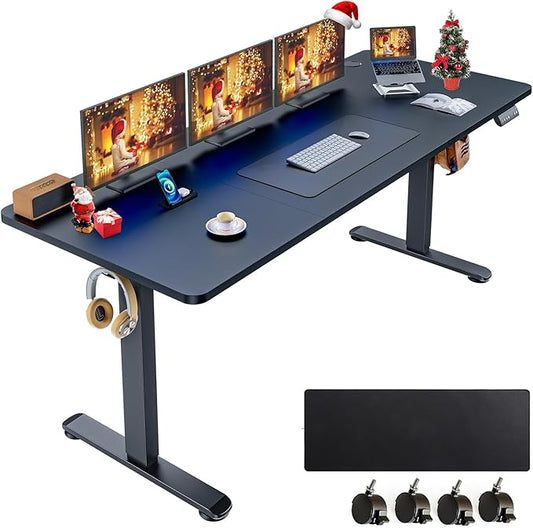 farexon Electric Standing Desk Adjustable Height, 70.8 x 27.5 Inch Sit Stand up Desk with Large Mouse Pad, Double Metal Hook,4 Wheels,4 Memory Preset Heights Home Office Computer Desk,Black