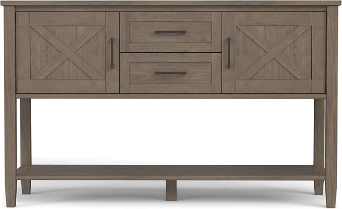 SIMPLIHOME Ela Console Table - 48 Inch Wide Solid Wood Sofa Table in Smoky Brown, Transitional Storage for Entryway or Living Room with 2 Drawers, 2 Cabinets, Open Shelf, and X-Panel Doors