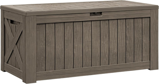 Flamaker Resin Deck Box 120 Gallon Waterproof Large Outdoor Indoor Storage Box Imitation Wood Resin for Patio Furniture Garden Tools and Pool (Brown)