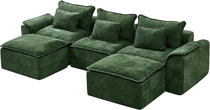 Hobestluk 120" Cloud Modular Sectional Couch 3-Seater Sofa with Ottomans U Shaped Couch Deep Seat Sofa with Removable Cover Large Sofa for Living Room (Green, 3-Seater Sofa with Two Ottomans)