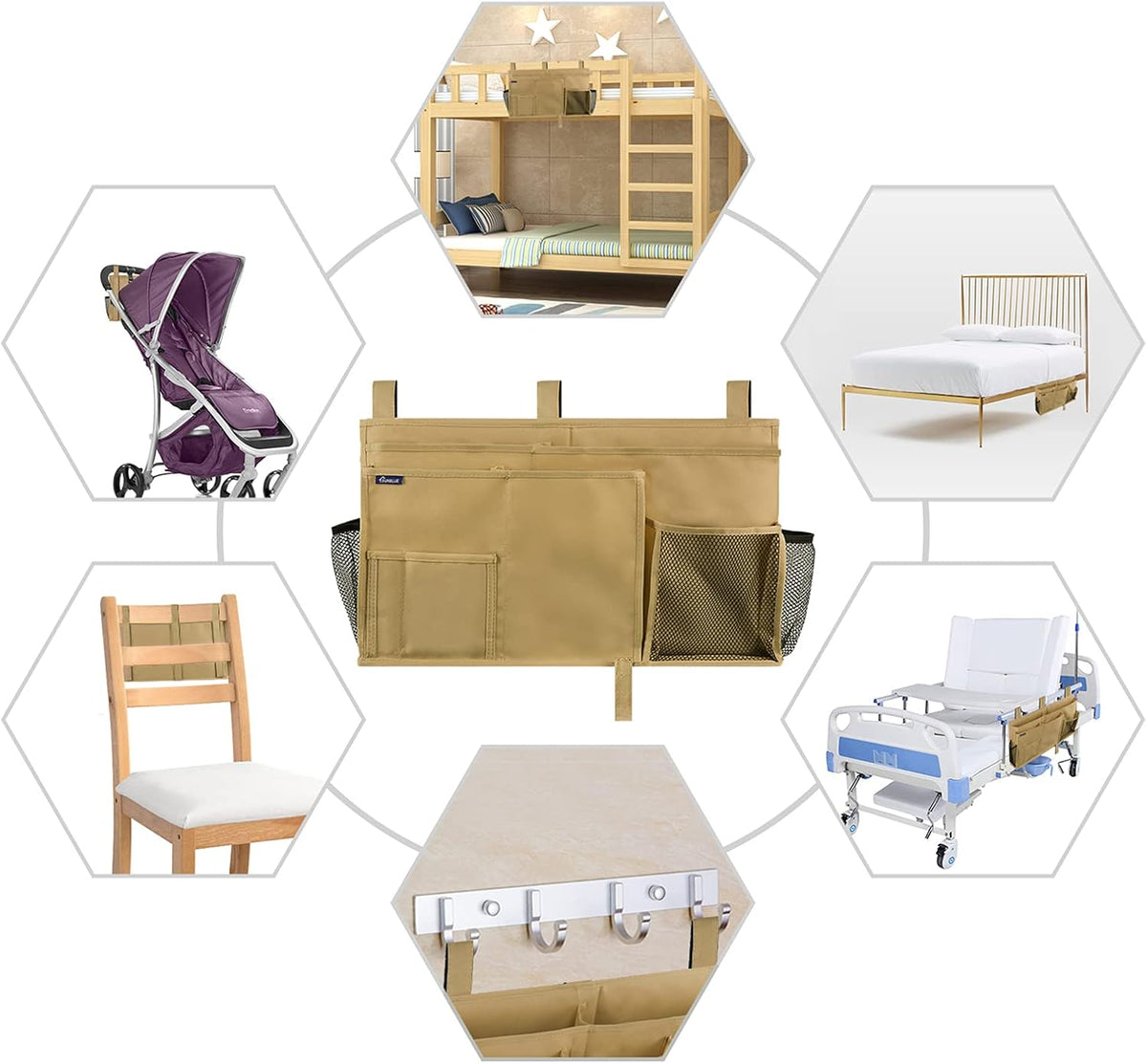 Surblue Bedside Caddy Hanging Bed Organizer Storage Bag Pocket for Bunk and Hospital Beds, College Dorm Rooms Baby Bed Rails,Camp 8 Pockets (Khaki)