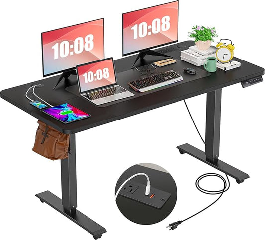 farexon Electric Standing Desk Adjustable Height Desk 55 x 24In with Charging Station, Stand up Desk with Oversized Mouse Pad, 4 Caster, 4 Preset Heights Easy to Set, 27''-45'' Lifting Range(Black