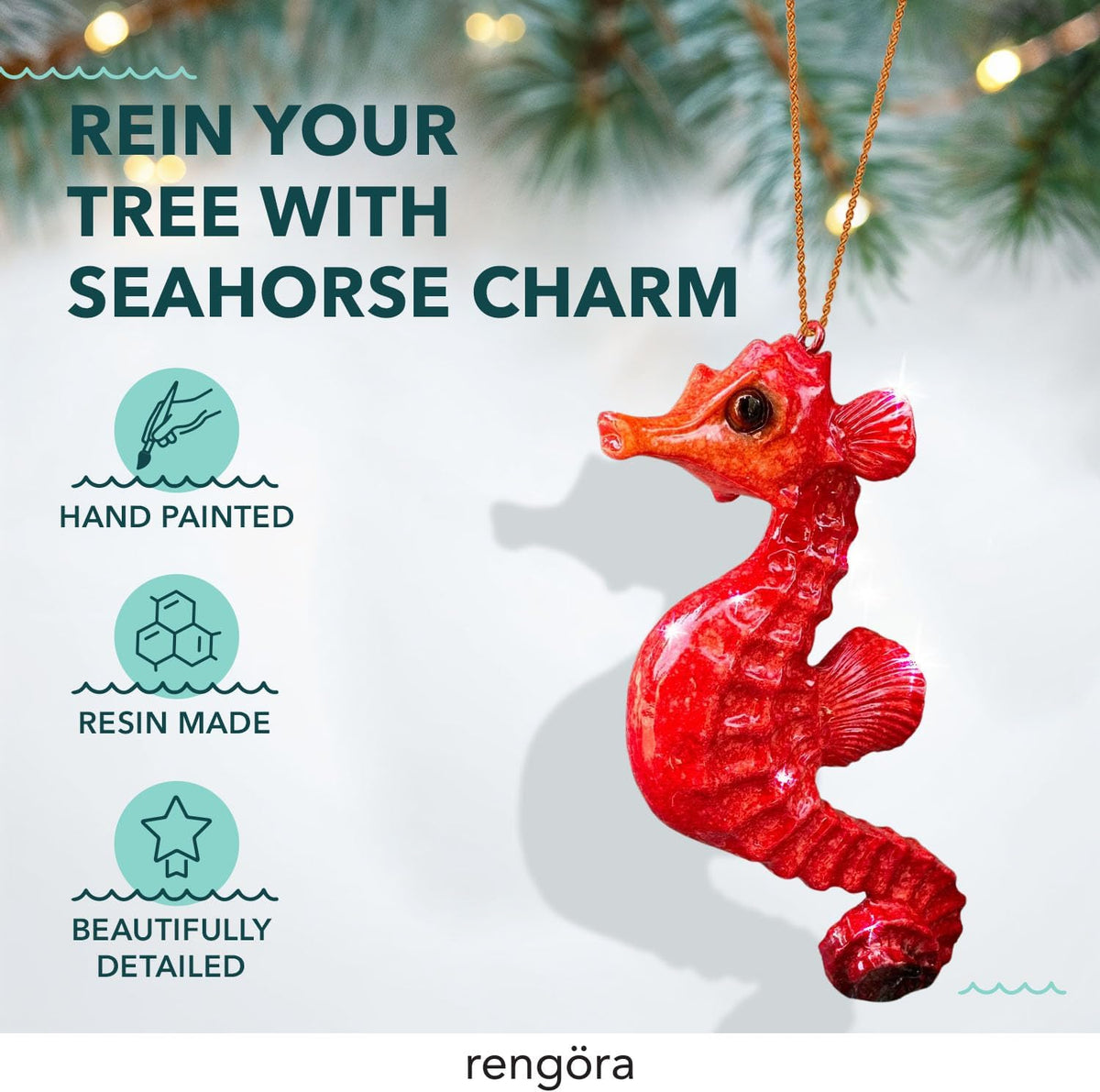 Hand-Painted Beach Christmas Ornament – Coastal Tree Decoration for Ocean Lovers – Unique Nautical Ornament for Christmas Tree or Stocking Stuffer Gift (Red Seahorse)