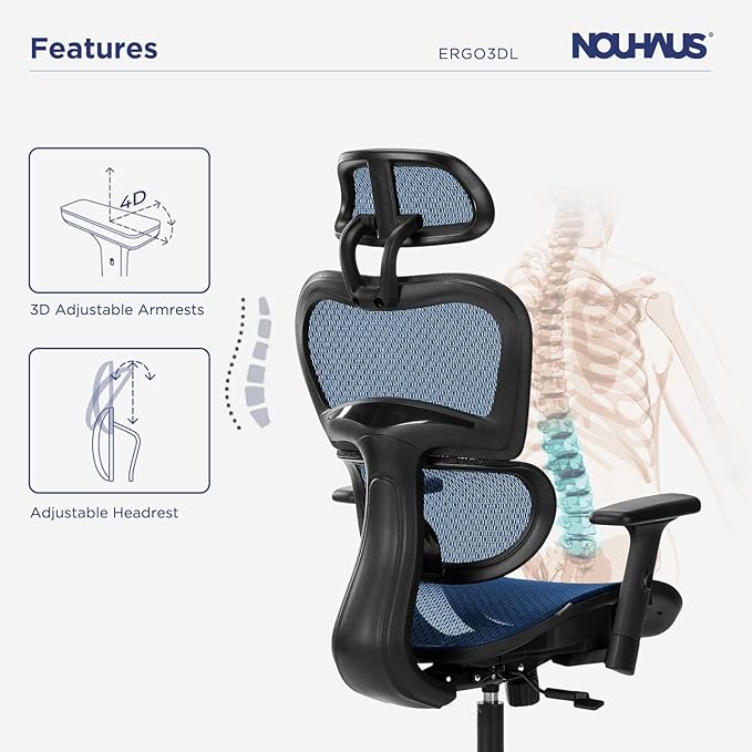 Nouhaus Ergo3dL Home Office Desk Chairs Ergonomic Office Chair High-Back Mesh Rolling Work Chairs with Wheels and Adjustable Headrests Comfortable Lumbar Support Adjustable Armrests,Navy Blue