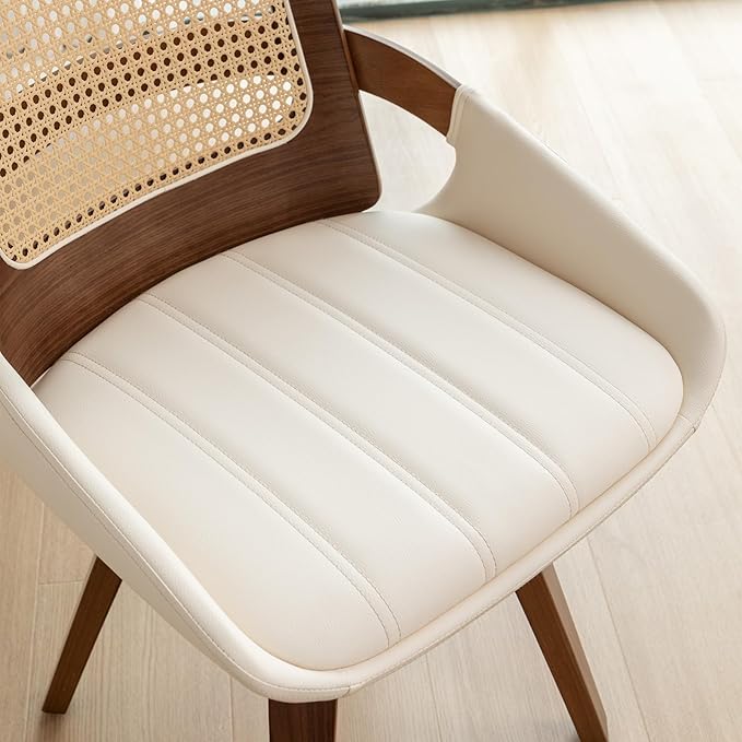 Set of 1 Swivel Rattan Dining Chair - Mid Century Modern Dining Chair with Bentwood Frame, Ergonomic Cane Back, Curved Arms, Faux Leather Swivel Chair for Kitchen/Restaurant (Walnut Beige, Set of 1)