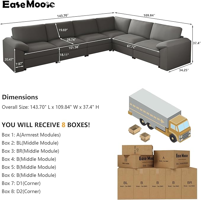 EASE MOOSE Leather Sectional Couch, Oversized Modular Sectional Sofas, Wide Deep Seat Modular Couch, Scratch Resistant Faux Leather Material, L Shaped Sofa for Big Spaces Living Room, Grey