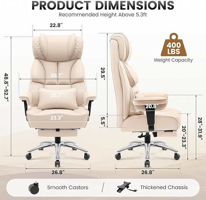 Office Desk Chair, Big and Tall Leather Gaming Chair with Footrest, Wide Ergonomic Comfy Executive High-Back Reclining Computer Chairs, Swivel Rolling Wheels and Padded Lumbar Support, Beige