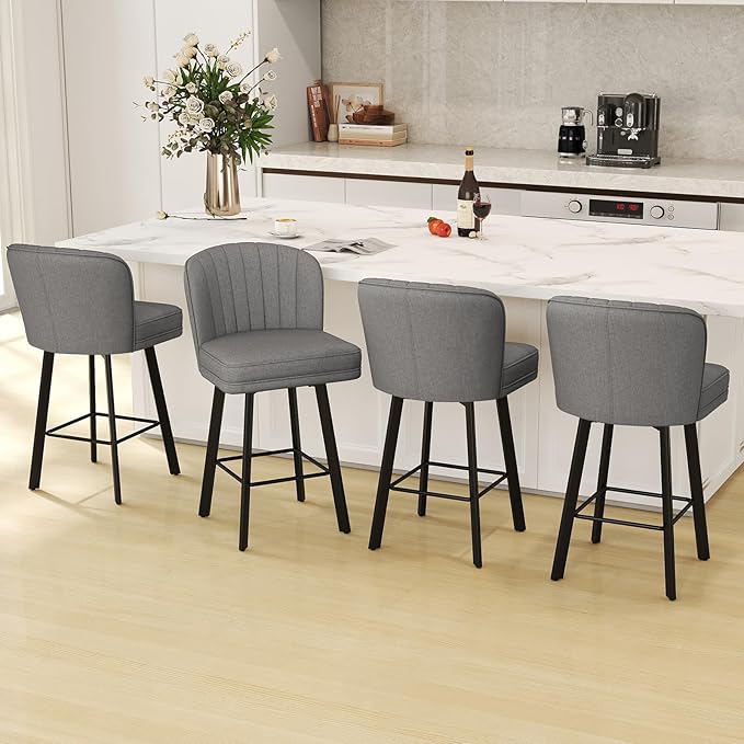 Swivel Counter Height Bar Stools Set of 2, 26'' Modern Barstools with Backs and Metal Legs, Upholstered Bar Chairs,Mid-Gray,Fabric Stools for Kitchen Island Chairs