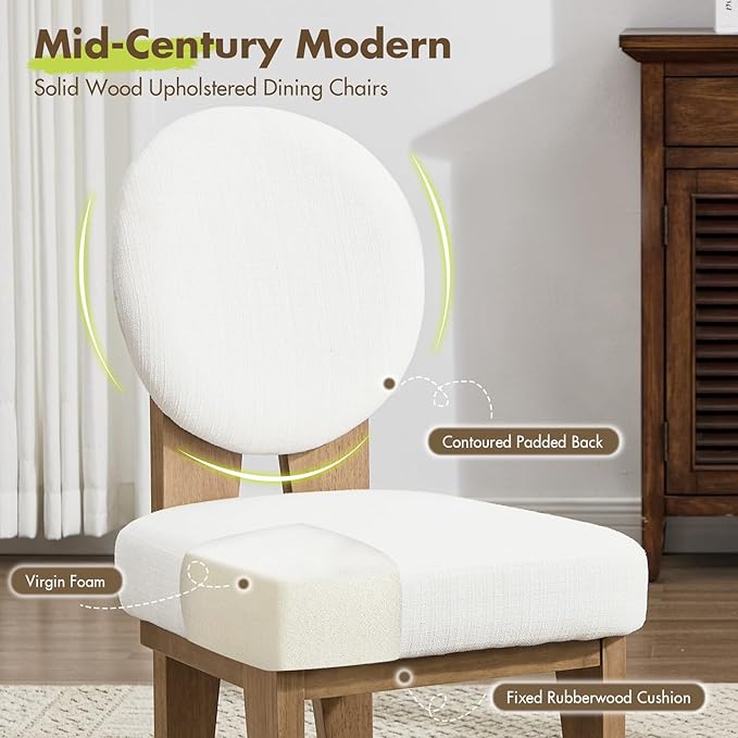 Mid-Century Modern Walnut Dining Chairs Set of 4, Vintage White Wooden Kitchen Chairs, Retro Upholstered Linen Cushioned Seat with Curved Backrest, Armless Accent Side Chair for Bedroom