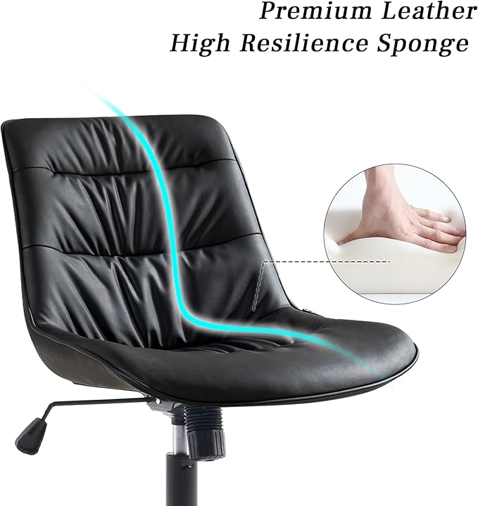 Kidol & Shellder Faux Leather Office Chair, Adjustable Swivel Height Task Chair, Rolling Wheels & Soft Backrest - Armless Ergonomic Desk Chair for Home, Office,Vanity,Gaming（Black）