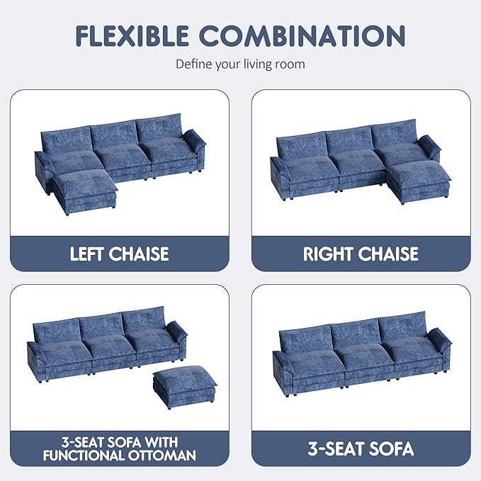 Homall 119" Modular Sectional Sofa, L Shaped Sofa Couch with Reversible Ottoman, DIY Combination Chenille Deep 3-Seat Cloud Couch for Living Room, Apartment (Dark Blue, L Shaped Sofa)