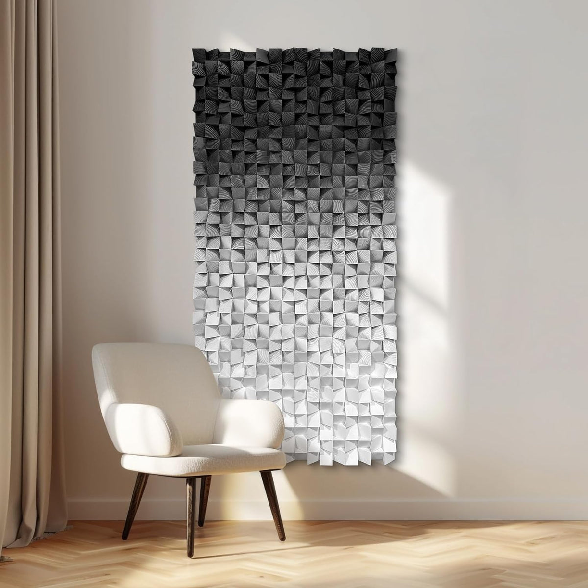 LIUZEYUE - Wooden Block Stereoscopic Painting Geometric Modeling Wall Decoration 3D Wooden Artwork Living Room Bedroom Background Wall Office Decoration Black and White Gradient 35.4"x70.8"