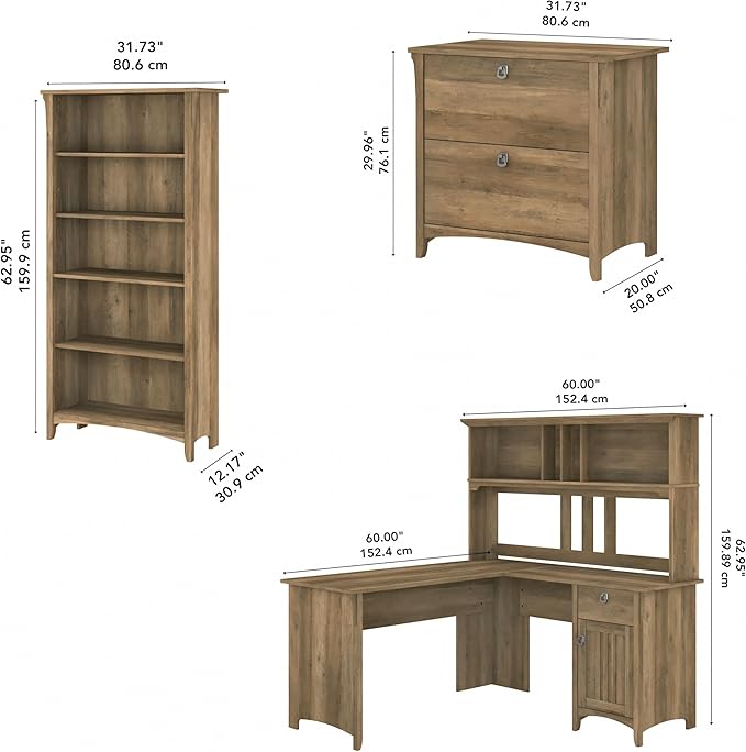 Bush Furniture Salinas L Shaped Desk with Hutch, File Cabinet and 5 Shelf Bookcase | 3 Piece Home Office Furniture Set in Reclaimed Pine | L Shaped Corner Table with Storage