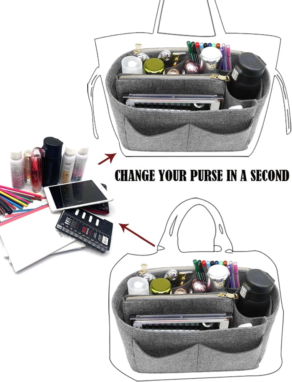 LEXSION Felt Purse Bag Organizer Insert with zipper Bag Tote Shaper Fit Speedy Neverful PM MM
