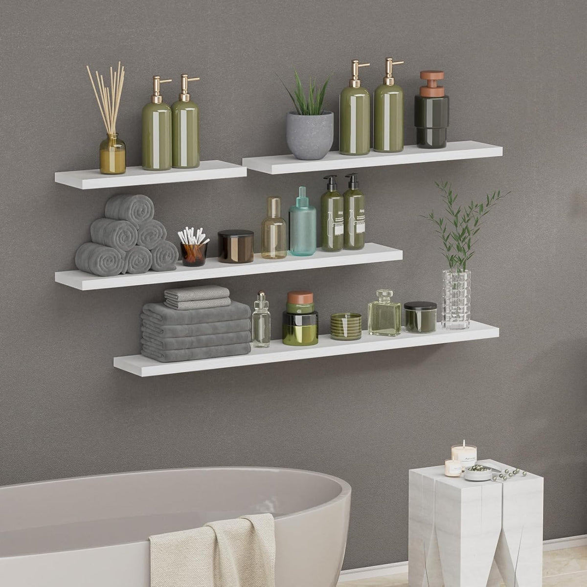 SAUMONIERES Floating Shelves 8 Inch Deep Solid Wood Wide Wall Shelf Set of 2 Wall Mounted for Bedroom Bathroom Living Room Kitchen, 36 Inch White