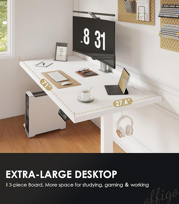 OffiGo Electric Standing Desk with 3-Piece Board, 71 Inch Height Adjustable Large Table with Power Outlets, Sit Stand Table, Writing Computer Desk for Home, Office, Workstation, White