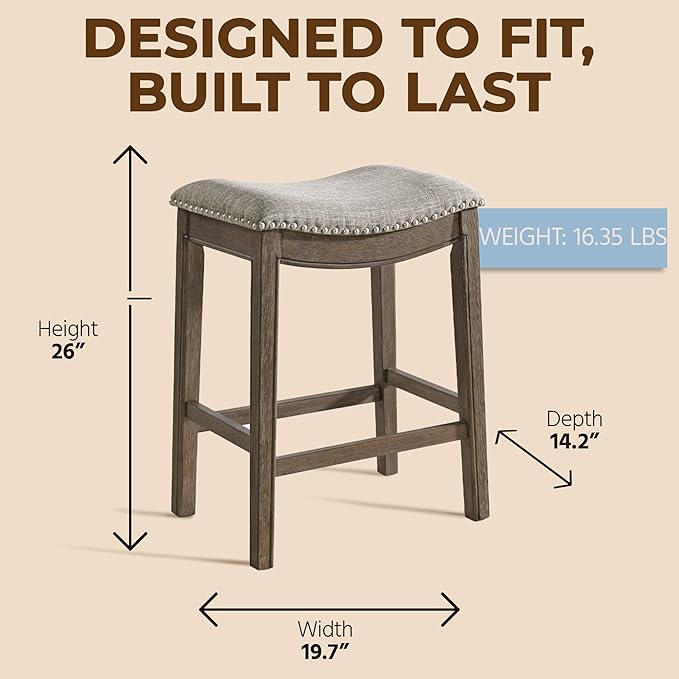 ROME + OAK Set of 4 Parker 26 Inch Counter Stool, Backless Saddle Kitchen Barstool in Walnut Finish with Grey Fabric Upholstery Cushion Seat