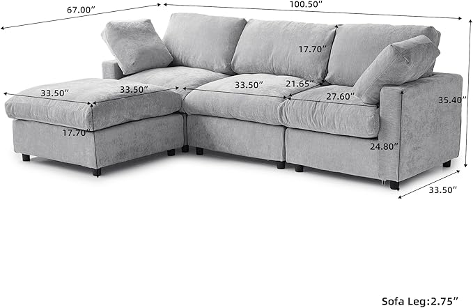 WJShome Modular Sectional Cloud Couch Modern L Shaped Sofa with Ottoman, 100 Inch 3-Seat Chenille Deep Seat Couches for Living Room, Bedroom and Apartment，Gray