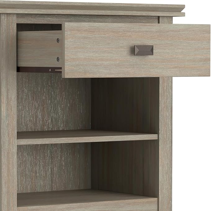 SIMPLIHOME Artisan Bedside Table - 24 inch Wide Solid Wood Nightstand Table in Distressed Grey, Contemporary Bedroom Side or End Table with 1 Drawer, Open Shelf Storage and Bronze Knobs