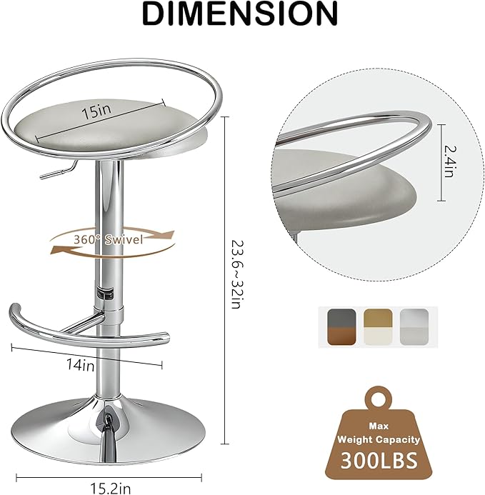 Bar Stools Set of 2, Adjustable Swivel Counter Height Barstools with Upholstered Seat, PU Leather Counter Stools for Bar, Kitchen Island, Dining Room, Silver