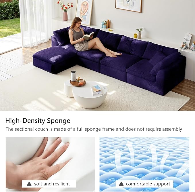 138" Boneless Cloud Couch Modular Sectional Sofa with Deep Seat for Living Room, L Shape Couch with Ottoman, Snowflake Cloth and 40D Memory Sponge，2 Throw Pillows (Purple, 4 Seater+1 Ottoman)