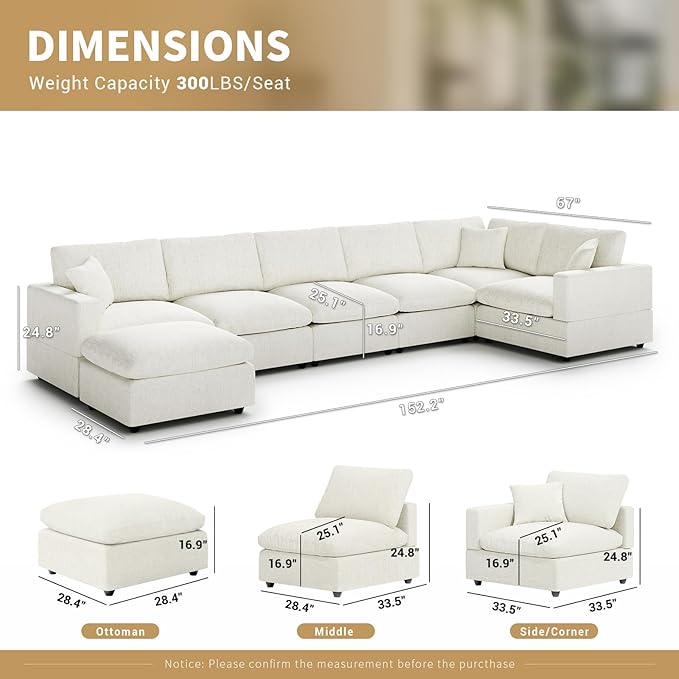 Modern Sectional Linen Couch for Living Room V-Shape Sofas,7 Seat Modular Cloud Sofas,Couches Cushion Covers Removable,Cozy Feather Down Sofa for Apartment Cream White