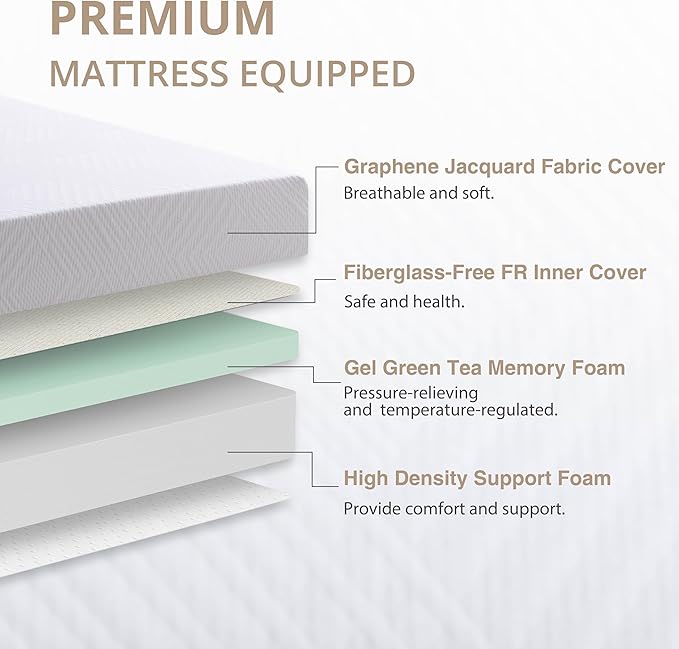 Queen Adjustable Bed Base Frame with Wireless Remote + 10 Inch Queen Green Tea Gel Memory Foam Mattress Bed in a Box, Head and Foot Incline, Zero Gravity, Fiberglass Free, 80" × 60"