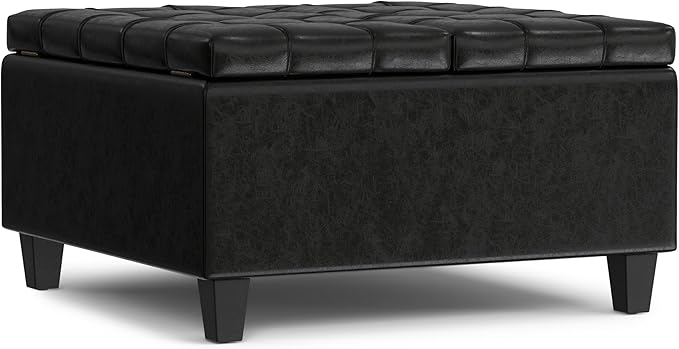 SIMPLIHOME Harrison 30 inch Wide Transitional Square Small Coffee Table Storage Ottoman in Midnight Black Vegan Faux Leather, Assembled, for The Living Room and Bedroom