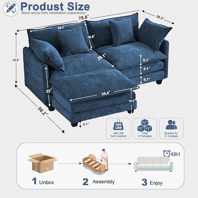 Cloud Chenille L-Shaped Sofa with Ottoman, 77" Space Saving Sectional Loveseat with Chaise, for Small Spaces, Easy Assembly, 1YR Warranty