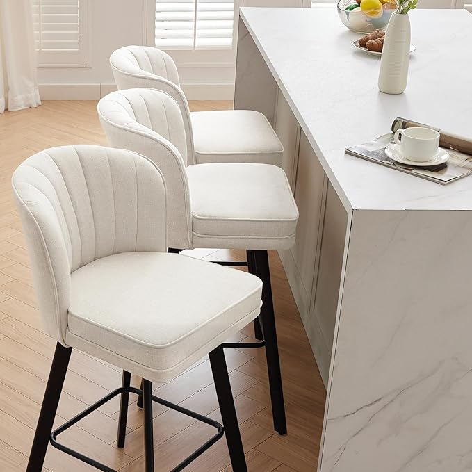 Swivel Counter Height Bar Stools Set of 3, 30'' Modern Barstools with Backs and Metal Legs, Upholstered Bar Chairs, Beige, Fabric Stools for Kitchen Island Chairs