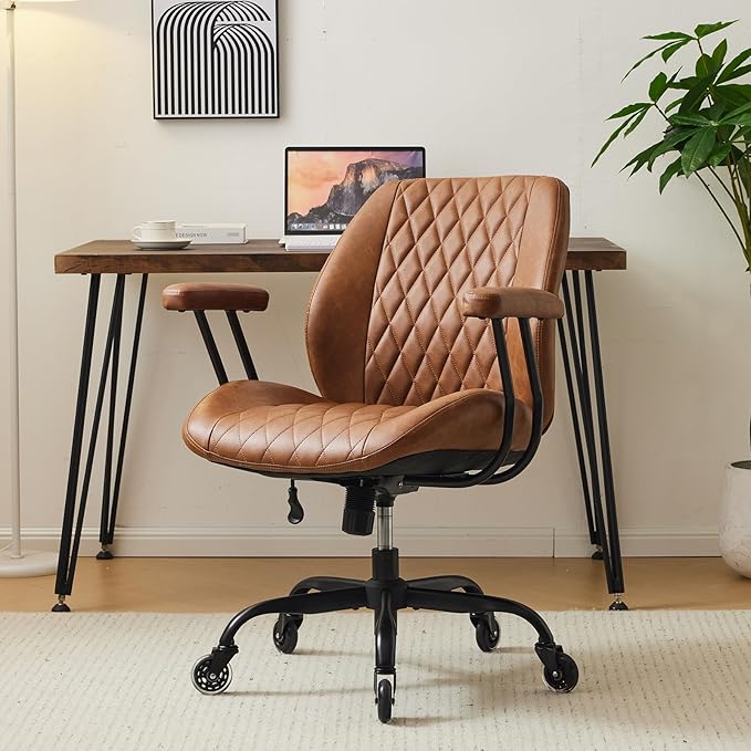 YFO Home Office Desk Chair Office Rubber Casters Ergonomic Computer Chair with Lumbar Support Adjustable Height Rolling Swivel Executive Task Armrests Chair， Brown Leather