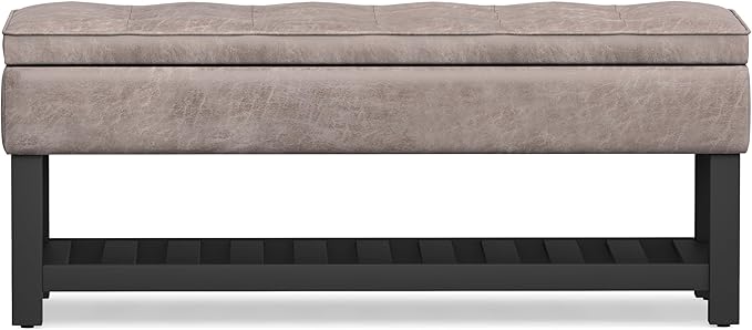 SIMPLIHOME Cosmopolitan Storage Ottoman Bench - 44 inch Wide Upholstered Vegan Leather Rectangle Storage Ottoman in Distressed Grey Taupe, Transitional Bench for Bedroom with Tufted Lift-Top and Shelf