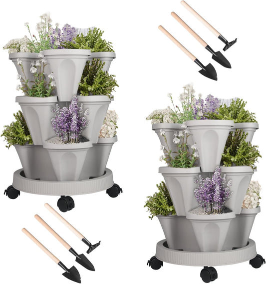 DUNCHATY Stackable Planter, Vertical Garden Planter with Wheels and Tools, Self Watering Strawberry Planter Indoor/Outdoor 3 Tier Herb Planter Pots for Growing Vegetables and Succulents,Gray