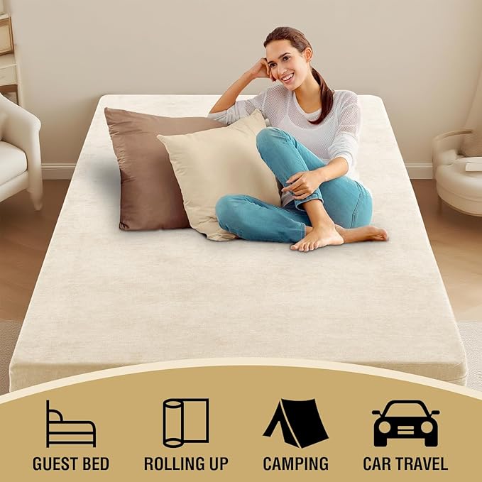 H.VERSAILTEX Twin Size Armless Futon Mattress Covers for Traditional Japanese Futon Mattress Soft Chenille Couch Slipcovers Floor Mats Sofa Protector Zippered Sleeper Sofa Cover,Beige