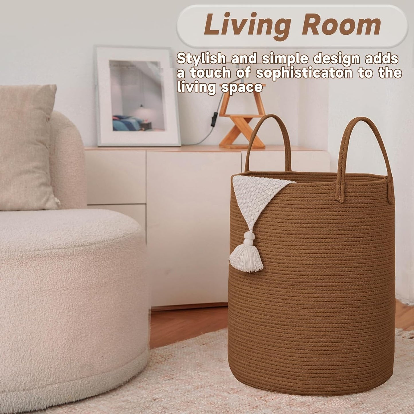 Large Woven Laundry Basket Hamper,60L Cotton Rope Storage Bin for Blankets,Toys and Clothes,Decorative Tall Nursery Hamper for Living Room,Baby Nursery,Bathroom and Bedroom,Golden Jute